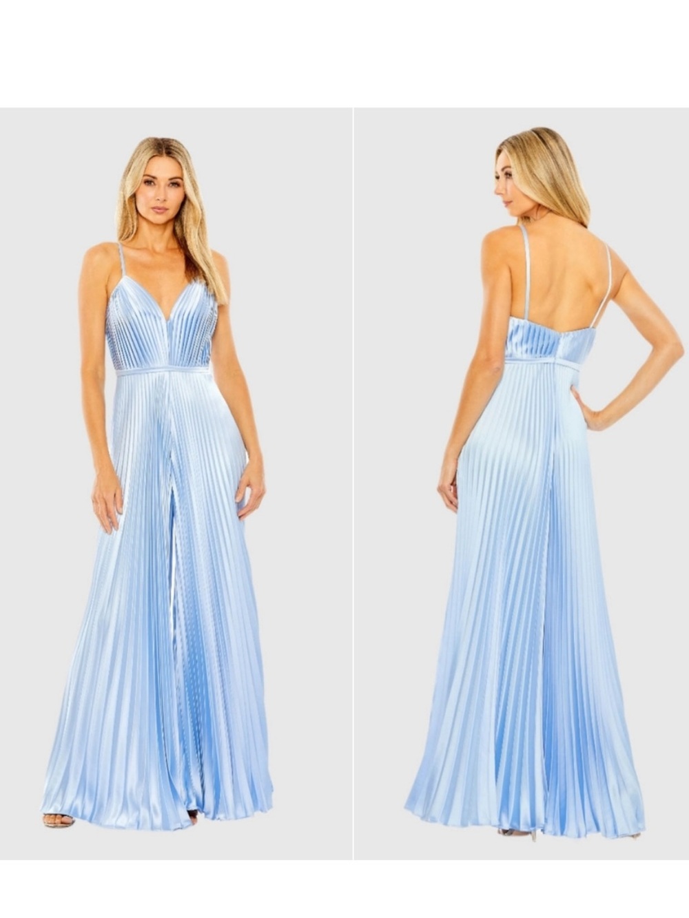 Ieena For Mac Duggal Jumpsuit Blue Pleated Plunge Neck Wide Leg NEW